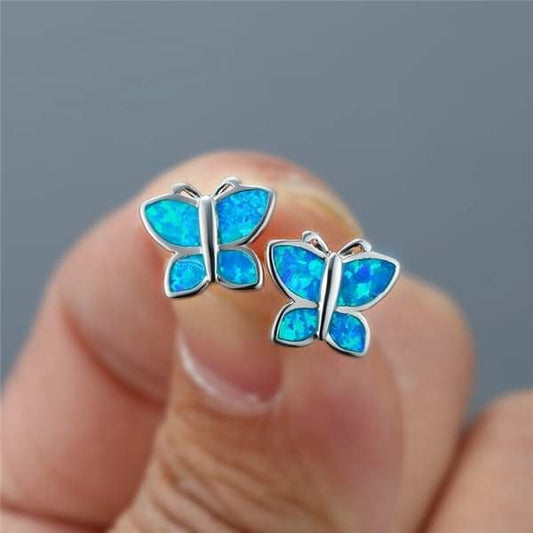 Blue Fire Opal Butterfly Silver Stud Earrings