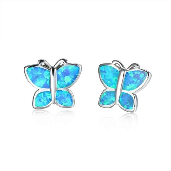 Blue Fire Opal Butterfly Silver Stud Earrings