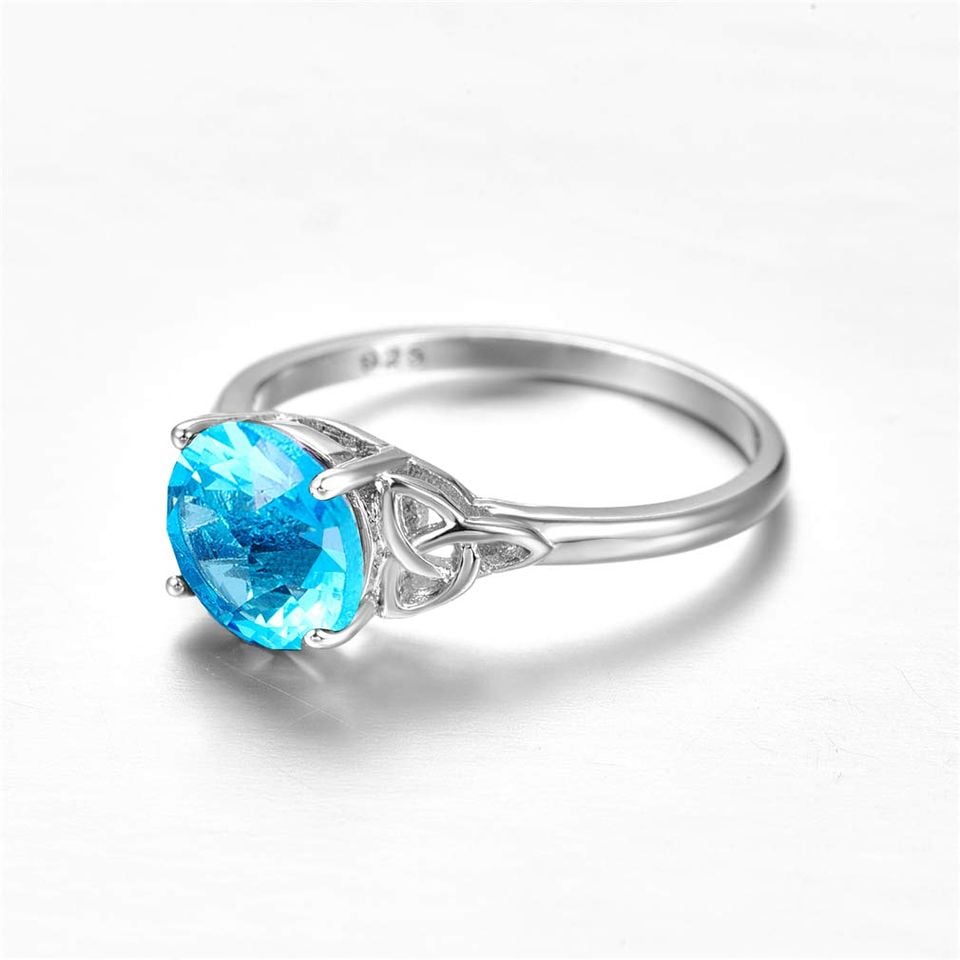 925 Sterling Silver Round Aquamarine Blue Solitaire Celtic Ring