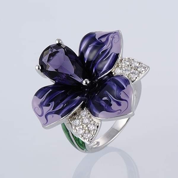 Huge 925 Sterling Silver Purple Flower Floral Ring