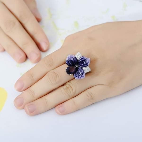 Huge 925 Sterling Silver Purple Flower Floral Ring