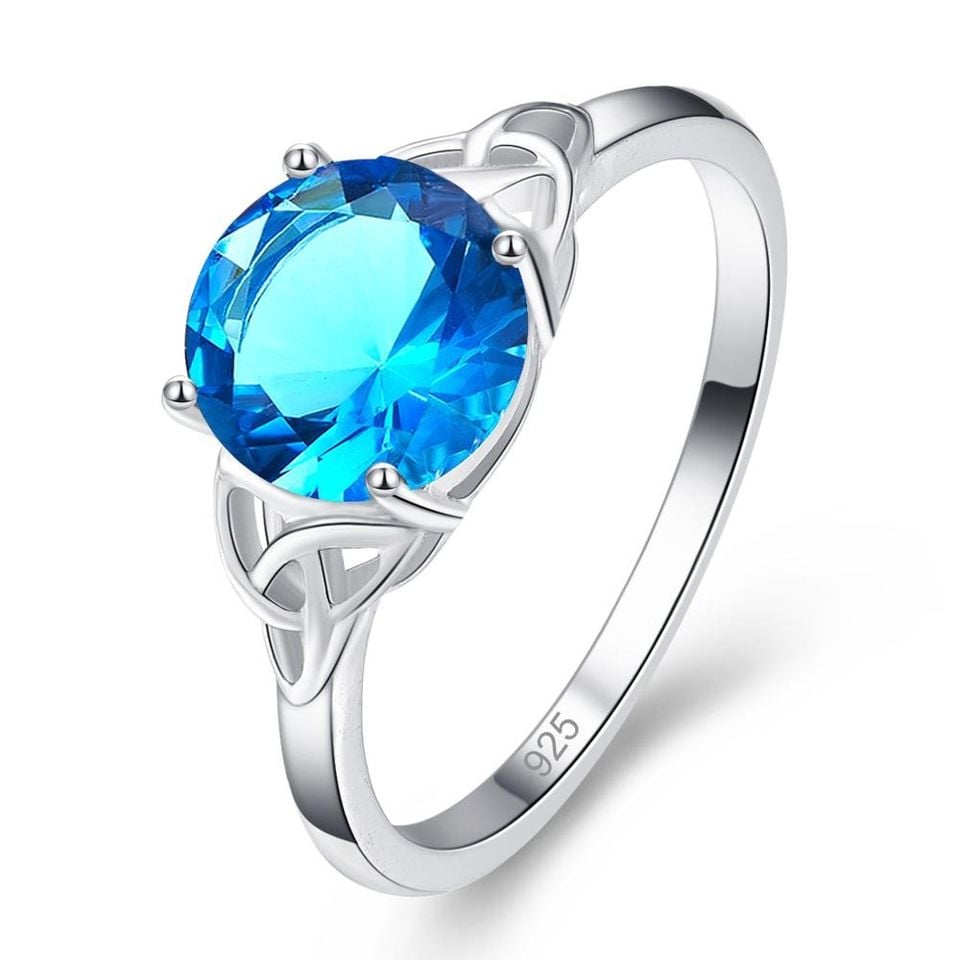 925 Sterling Silver Round Aquamarine Blue Solitaire Celtic Ring