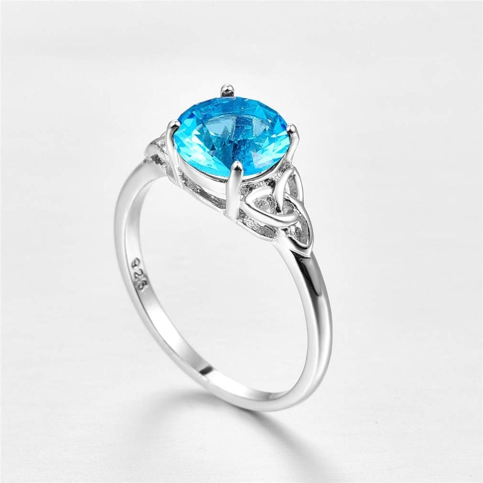 925 Sterling Silver Round Aquamarine Blue Solitaire Celtic Ring