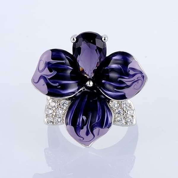 Huge 925 Sterling Silver Purple Flower Floral Ring