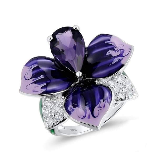 Huge 925 Sterling Silver Purple Flower Floral Ring