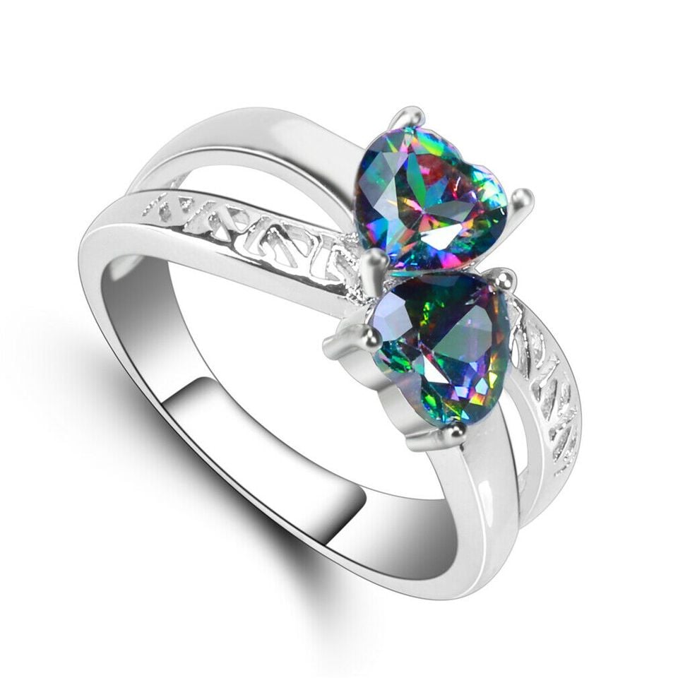925 Sterling Silver Mystic Rainbow Double Heart Celtic Ring