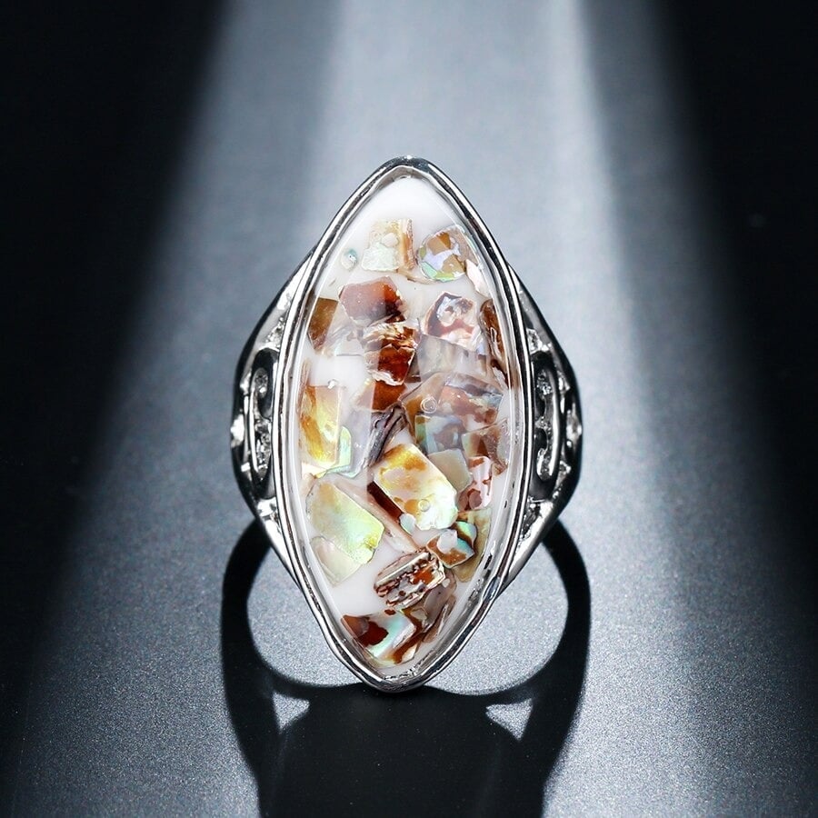 Artificial Coral Colorful Shells Big Oval Mosaic Silver Ring