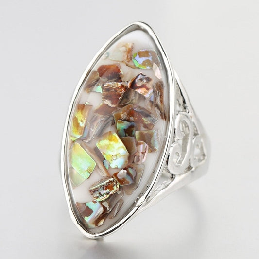 Artificial Coral Colorful Shells Big Oval Mosaic Silver Ring