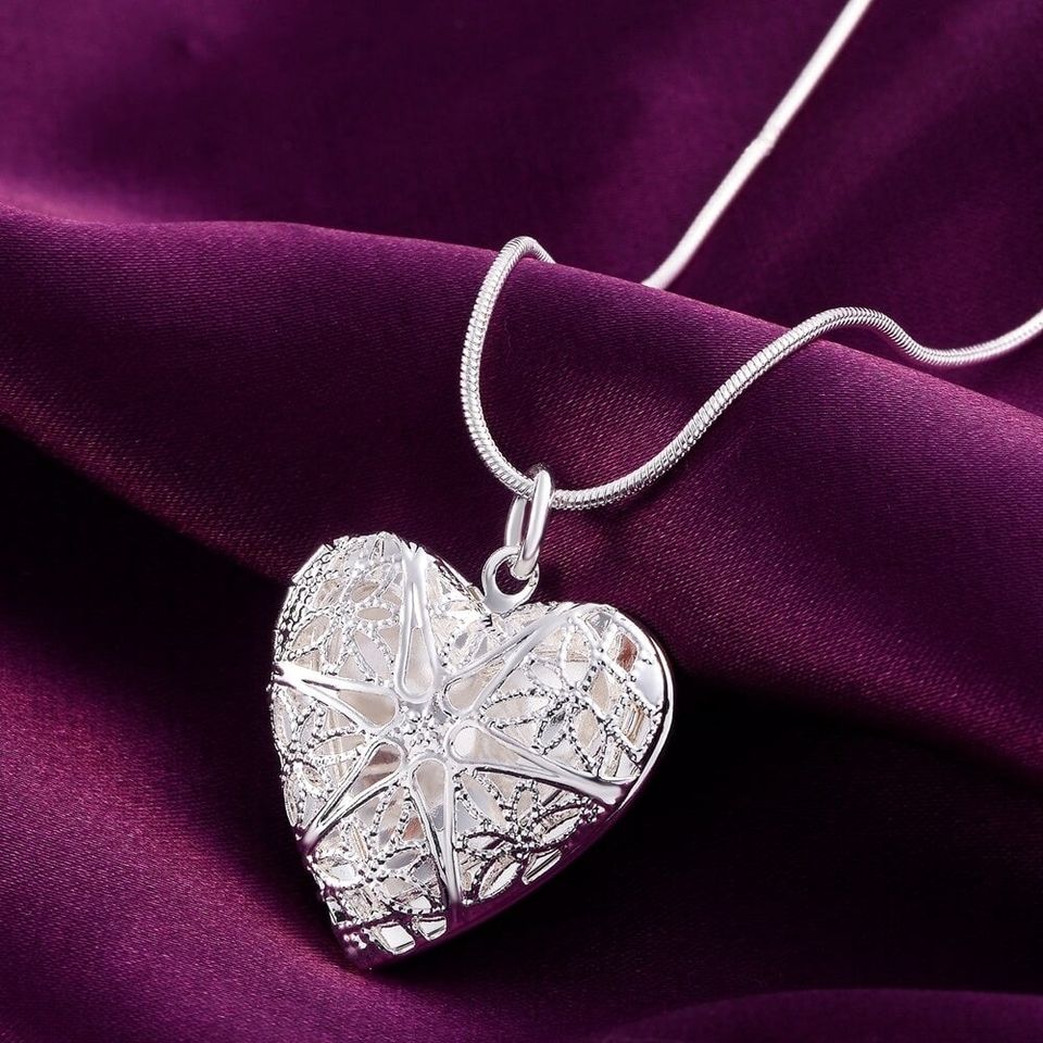 Hollow Heart Locket Silver Pendant Necklace & 20" Chain