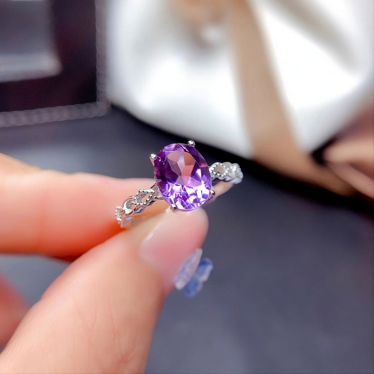 Purple CZ Solitaire 925 Sterling Silver Hollow Band Ring for Women