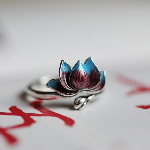 Sterling Silver Lotus Flower Open Colorful Glaze Enamel Ring