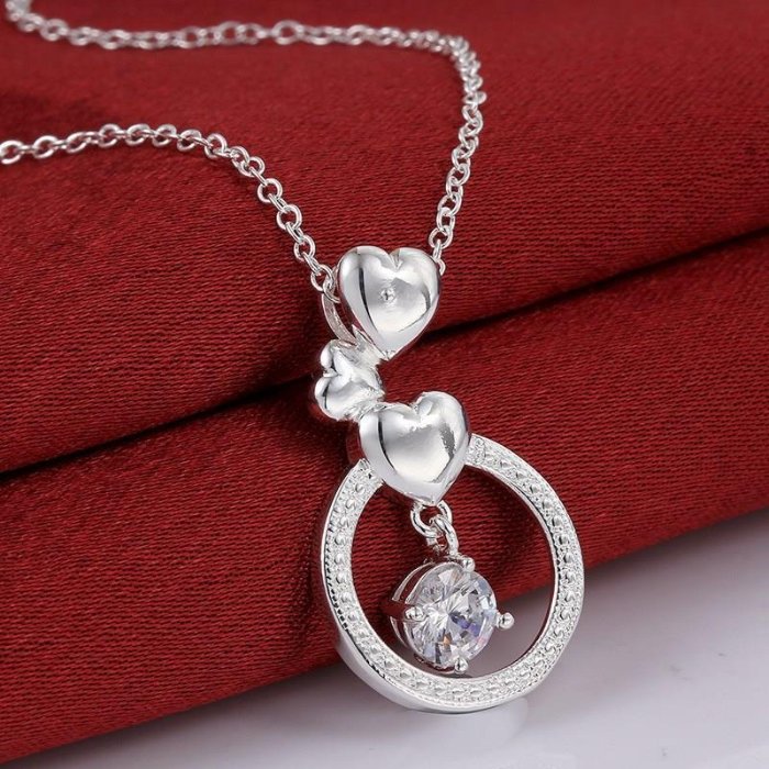 Elegant Triple Heart Round Gemstone Silver Necklace