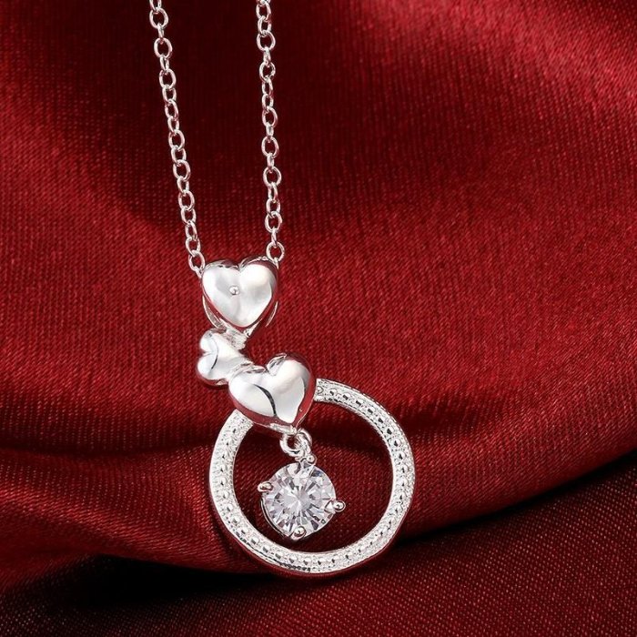 Elegant Triple Heart Round Gemstone Silver Necklace