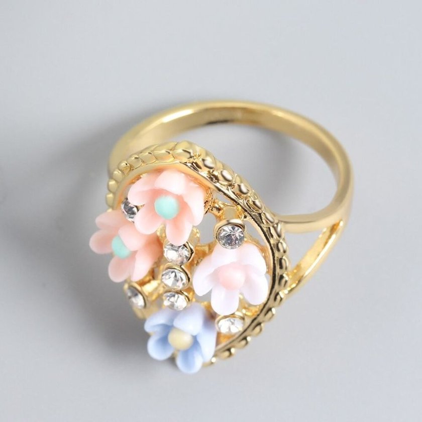 Handmade Colorful Floral Flowers Gold Tone Ring