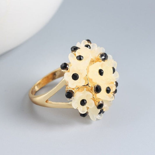 Handmade Black Sakura Flowers Gold Cocktail Ring