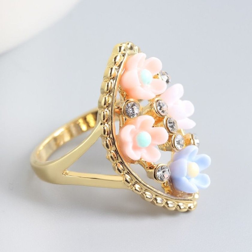 Handmade Colorful Floral Flowers Gold Tone Ring