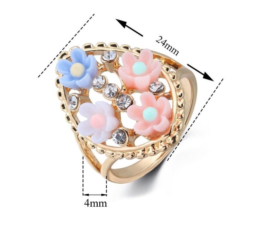 Handmade Colorful Floral Flowers Gold Tone Ring