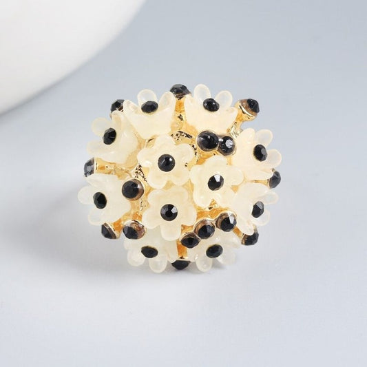 Handmade Black Sakura Flowers Gold Cocktail Ring