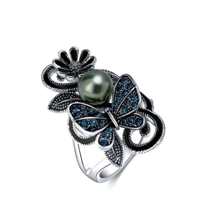 Vintage Navy Blue Pearl Butterfly Silver Flower Ring