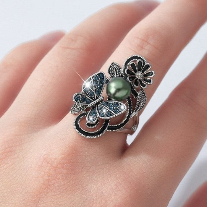 Vintage Navy Blue Pearl Butterfly Silver Flower Ring