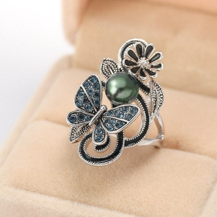 Vintage Navy Blue Pearl Butterfly Silver Flower Ring