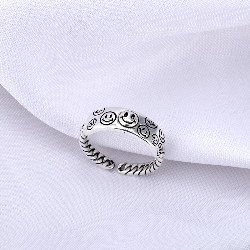 Sterling Silver Retro Smiling Happy Faces Open Ring