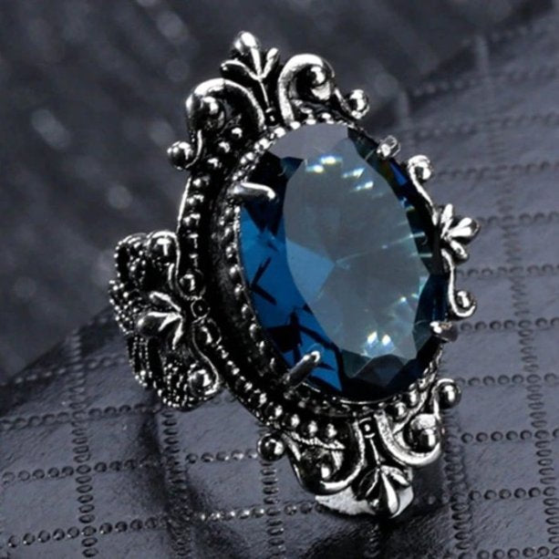 Vintage Sea Blue Oval Egg Shaped Rhinestone Antique Silver Ring