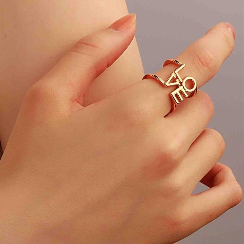 Cute LOVE Romantic Letter Open Hollow Out Gold Ring