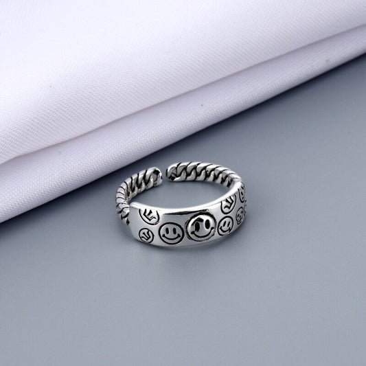 Sterling Silver Retro Smiling Happy Faces Open Ring