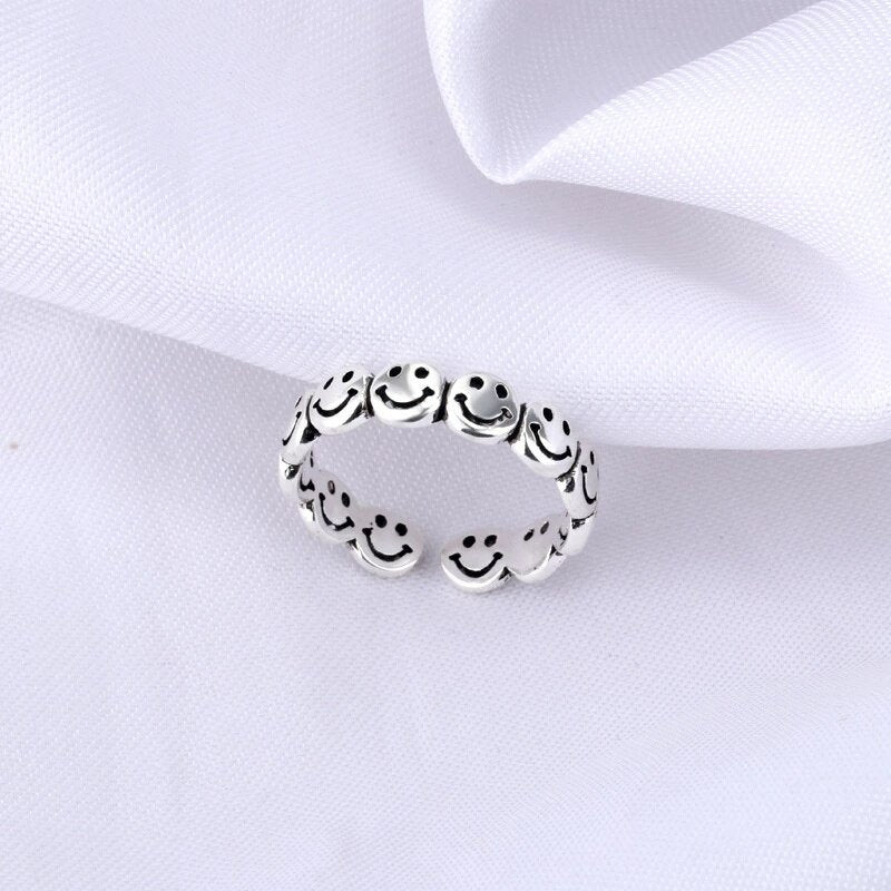 Sterling Silver Retro Smiling Happy Faces Open Emoji Ring