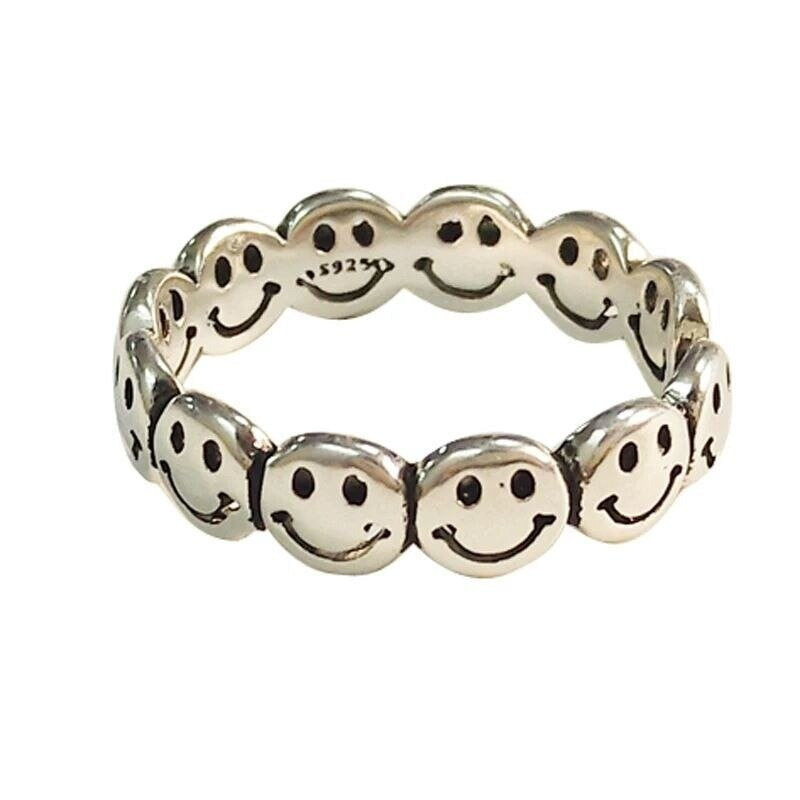 Sterling Silver Retro Smiling Happy Faces Open Emoji Ring