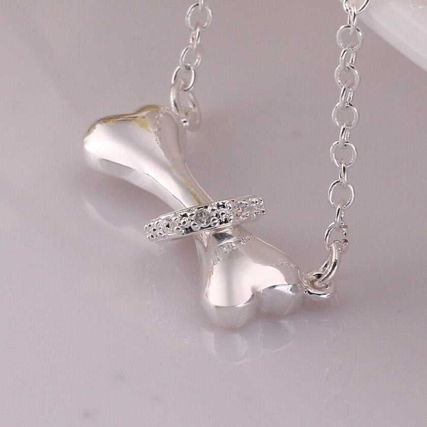 Paw Dog Bone Collar Charm Sterling Silver Necklace