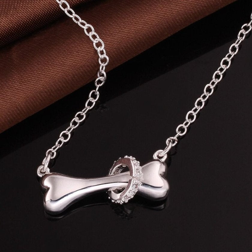 Paw Dog Bone Collar Charm Sterling Silver Necklace