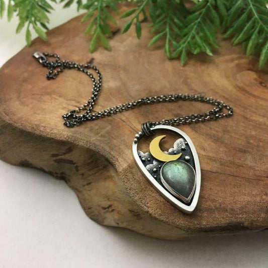 Boho Moon Stone Teardrop Pendant Silver Vintage Necklace