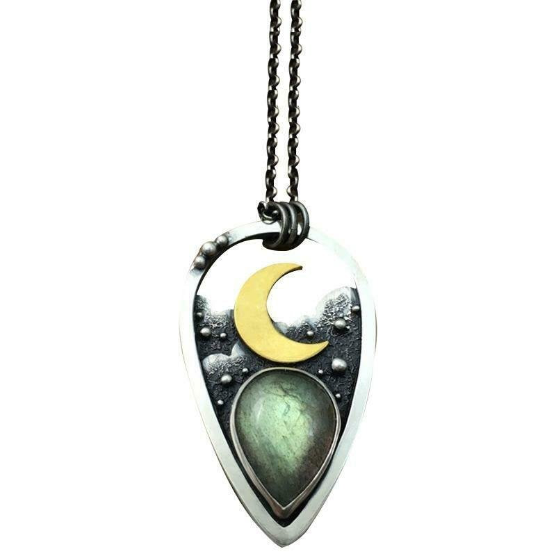 Boho Moon Stone Teardrop Pendant Silver Vintage Necklace