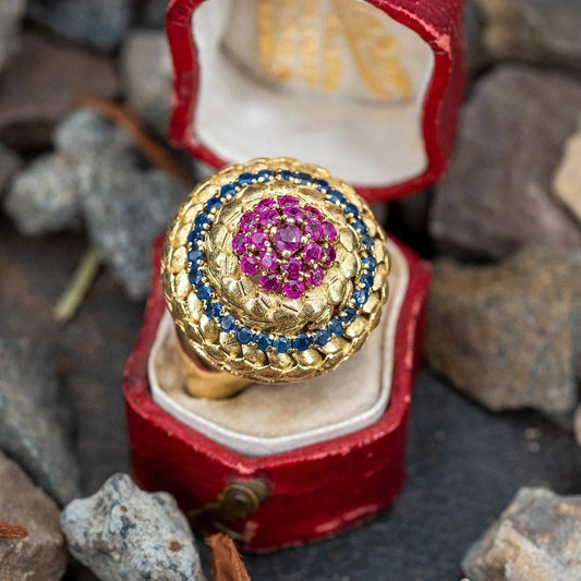 Ethnic Red & Blue Zircon Geometric Round Dome Gold Ring