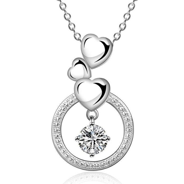 Elegant Triple Heart Round Gemstone Silver Necklace