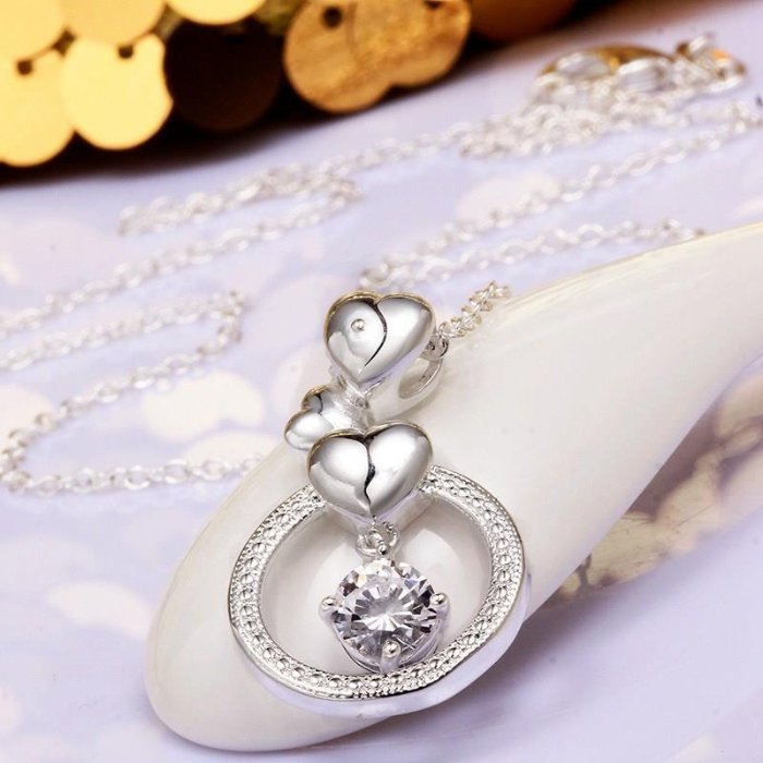 Elegant Triple Heart Round Gemstone Silver Necklace