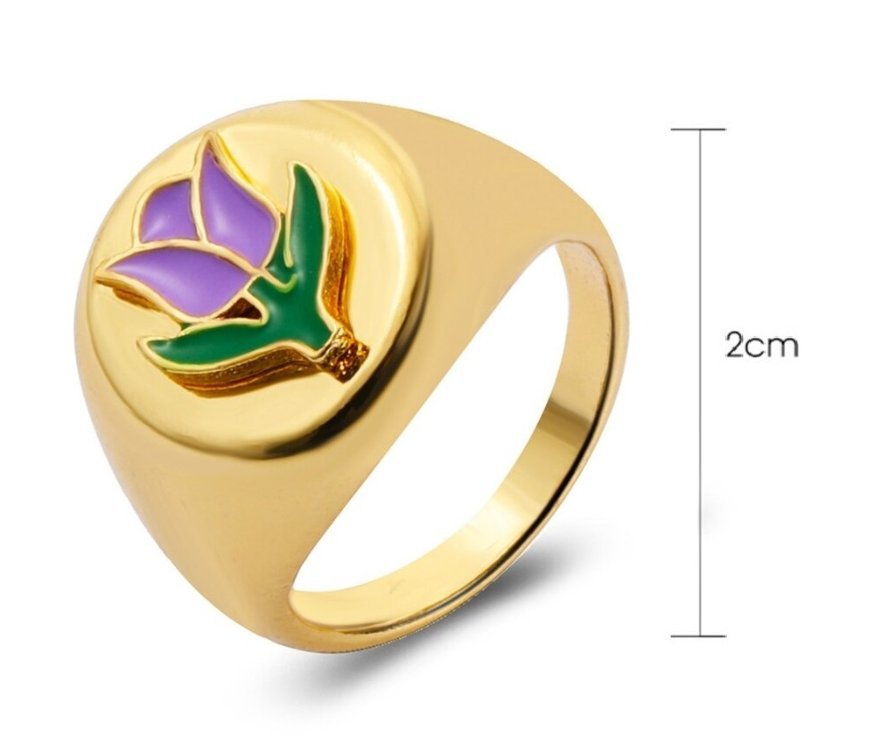 Colorful Dripping Oil Tai Chi Purple Tulip Gold Signet Ring