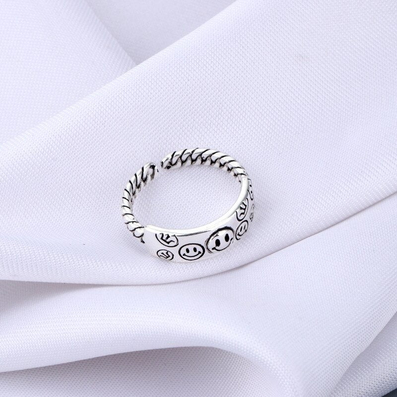 Sterling Silver Retro Smiling Happy Faces Open Ring