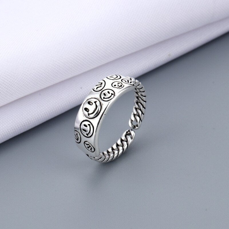 Sterling Silver Retro Smiling Happy Faces Open Ring