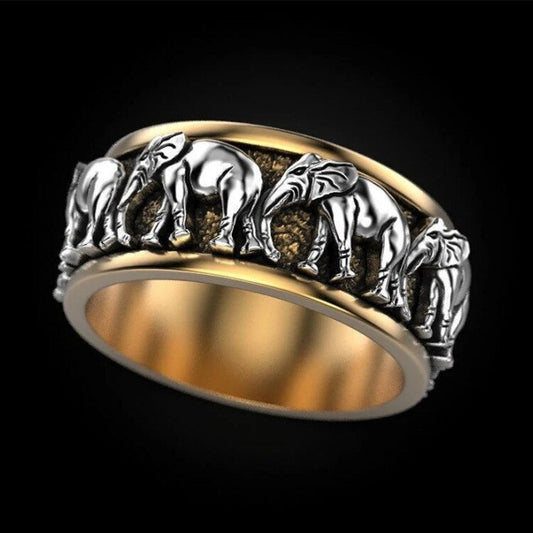 March Of The Elephants Two Tone Retro Animal Ring