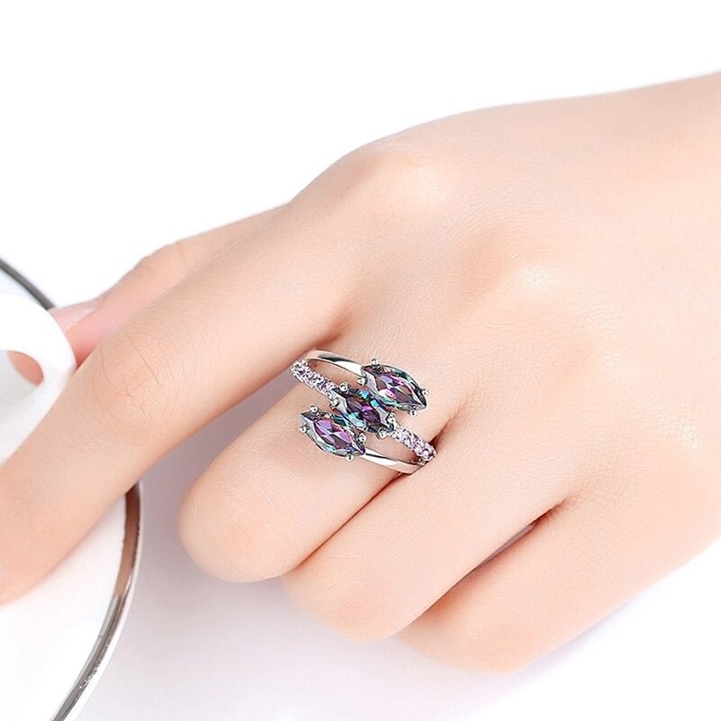 3 Marquise Mystic Rainbow Topaz Silver Ring