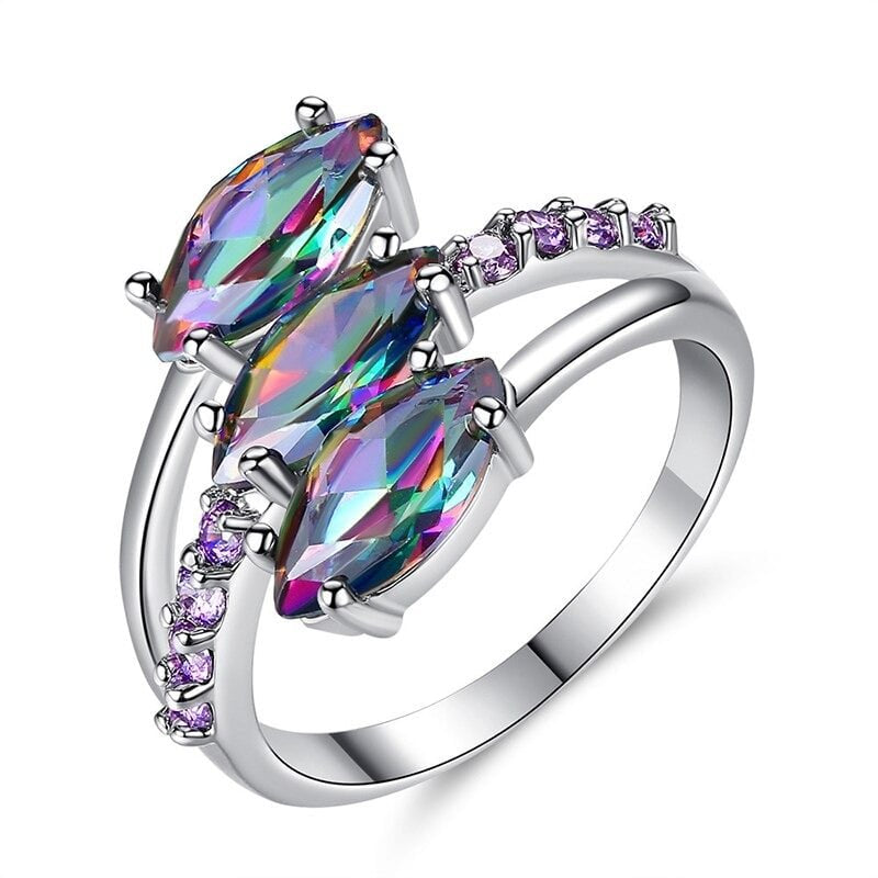 3 Marquise Mystic Rainbow Topaz Silver Ring