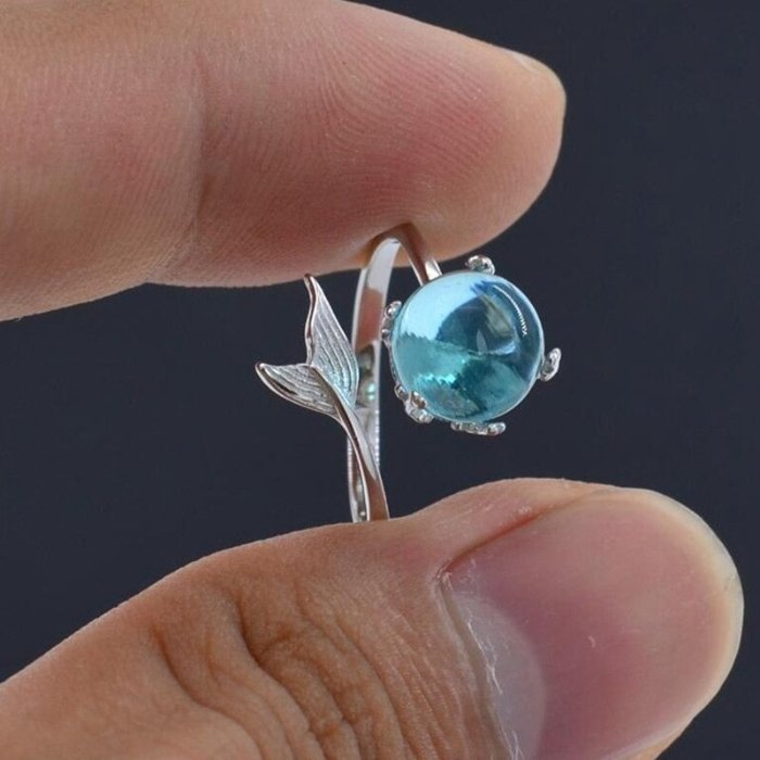 Retro Mermaid Blue Crystal Fishtail Open Silver Ring