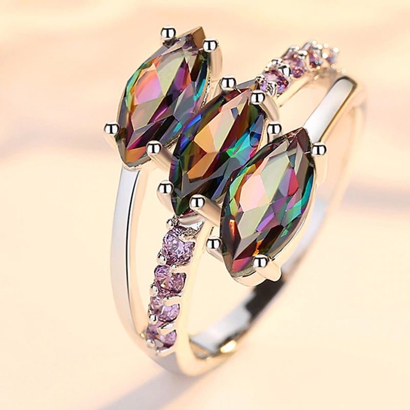 3 Marquise Mystic Rainbow Topaz Silver Ring