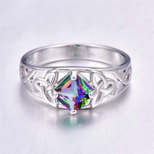 925 Sterling Silver Trinity Knot Mystic Rainbow Topaz Celtic Ring