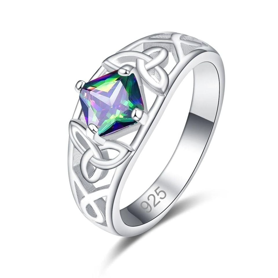 925 Sterling Silver Trinity Knot Mystic Rainbow Topaz Celtic Ring