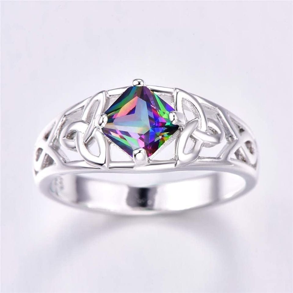 925 Sterling Silver Trinity Knot Mystic Rainbow Topaz Celtic Ring