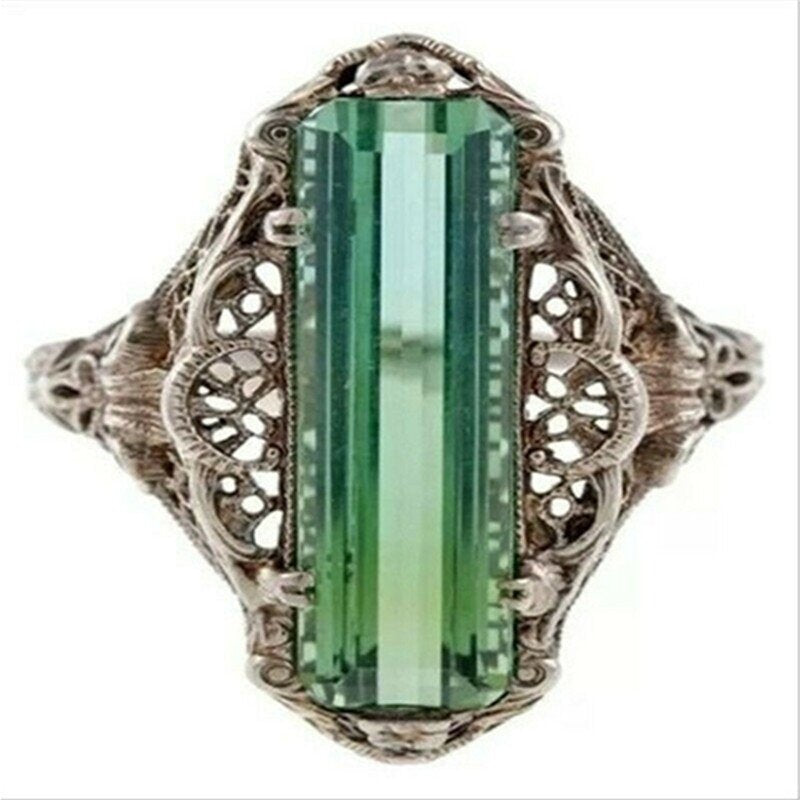 Retro Hollow Green Topaz Antique Silver Filigree Ring
